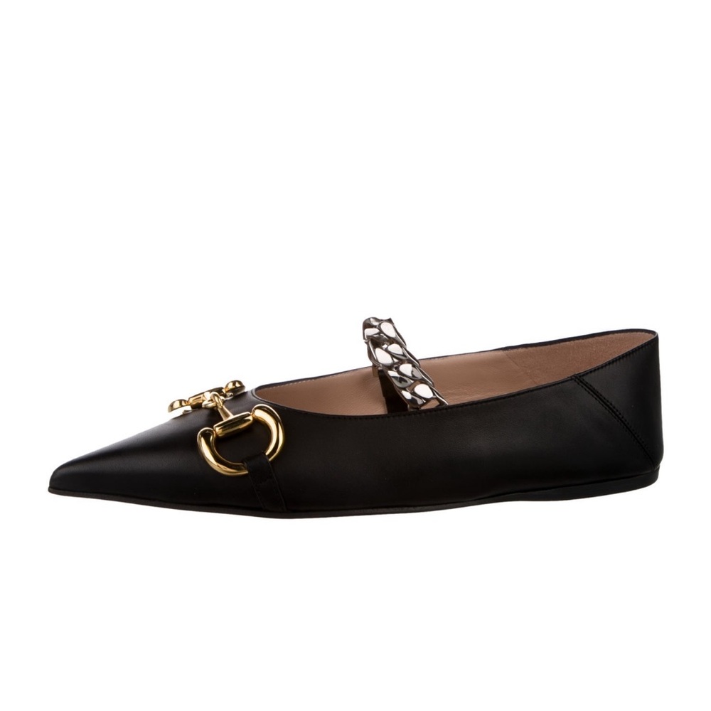 Gucci Black horsebit accent ballet flats pointy chain link Mary Jane flats